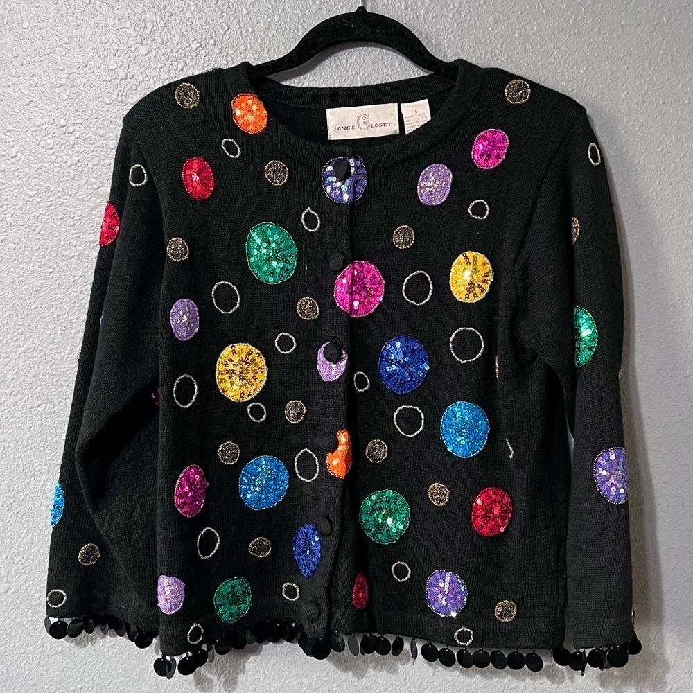 Vntg Jane’s Closet Beaded Circles Multicolor Sweater Cardigan SM Sequins/Beading